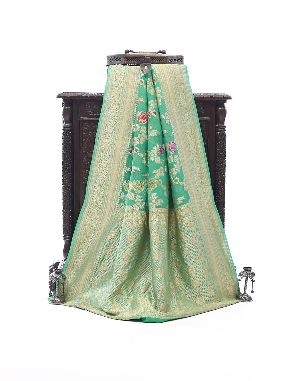 Sea Green Meenakari Jaal Khaddi Georgette Handloom Banarasi Saree - Sacred Weaves