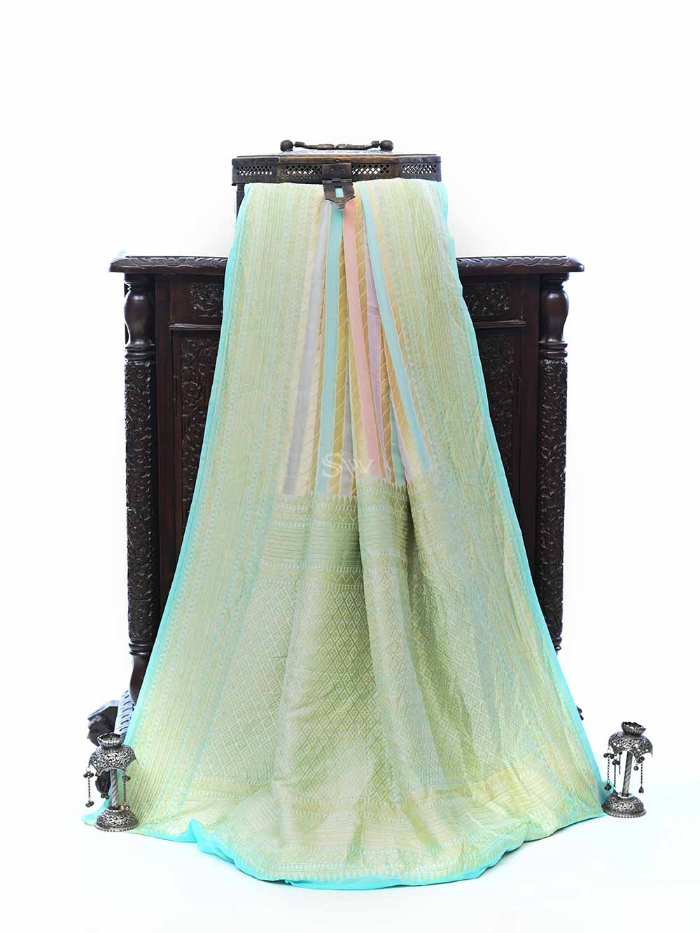 Mint Green Rangkat Khaddi Georgette Handloom Banarasi Saree - Sacred Weaves