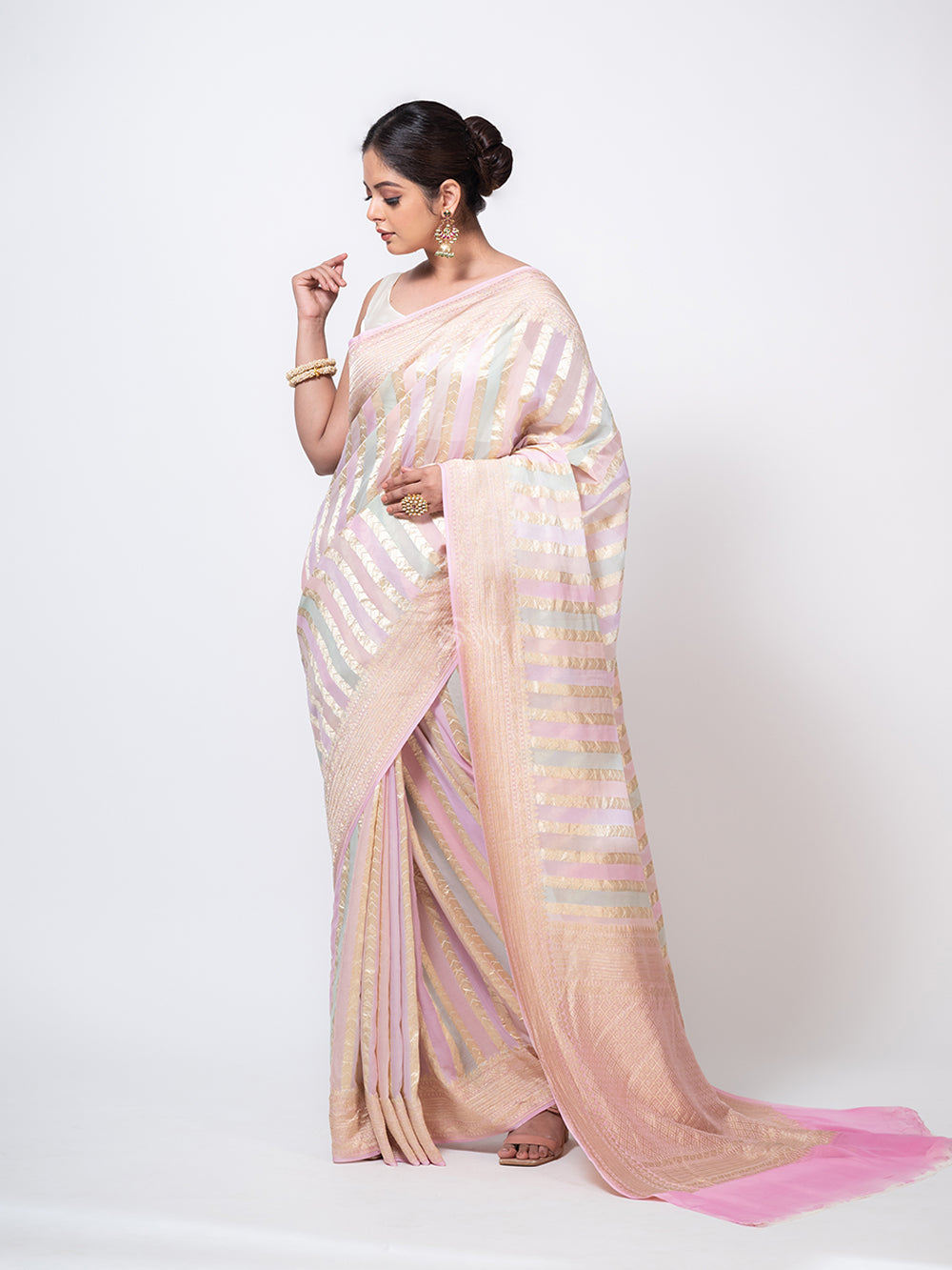 Pastel Pink Rangkat Khaddi Georgette Handloom Banarasi Saree - Sacred Weaves
