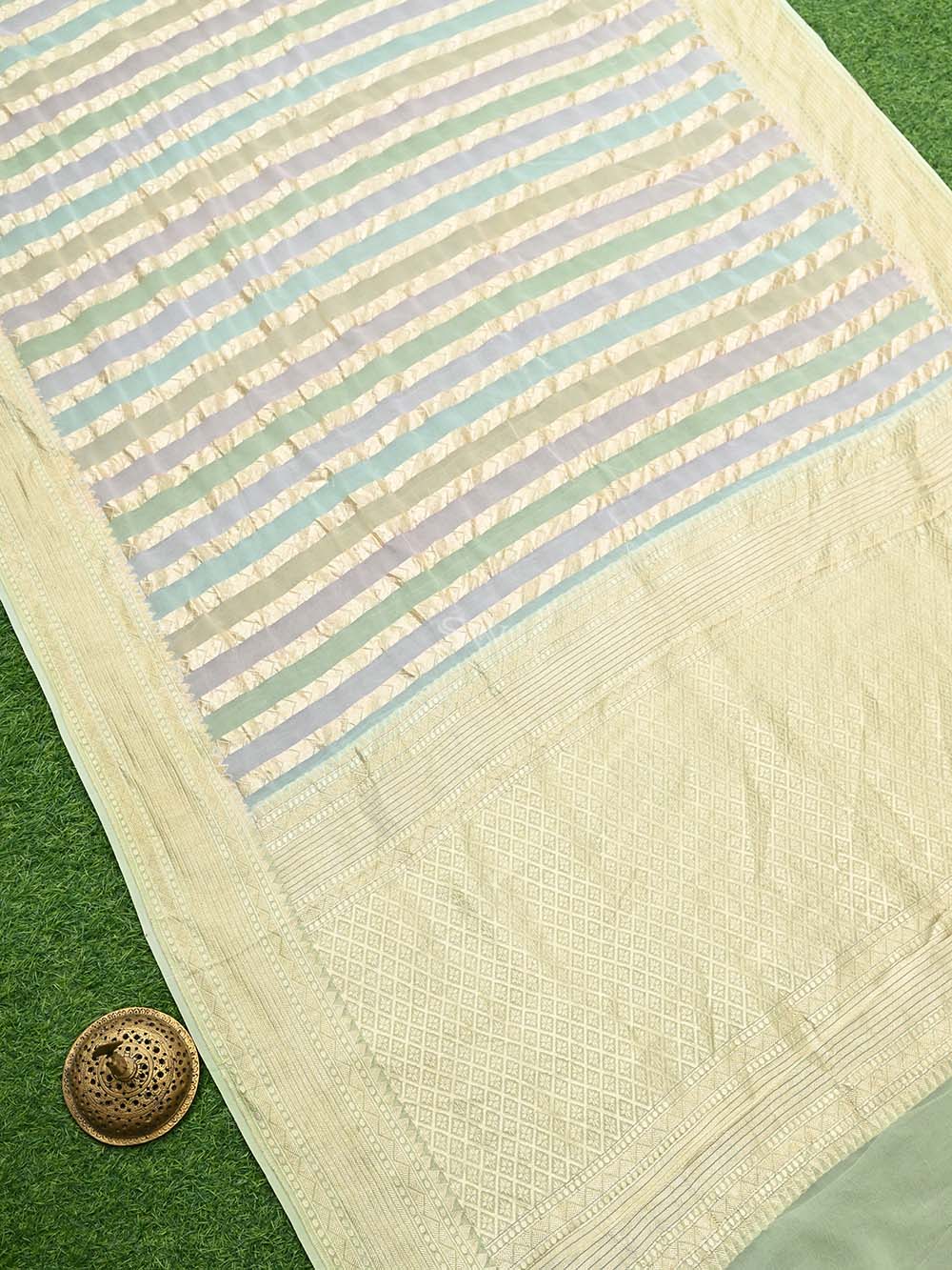 Pastel Moss Green Rangkat Khaddi Georgette Handloom Banarasi Saree - Sacred Weaves