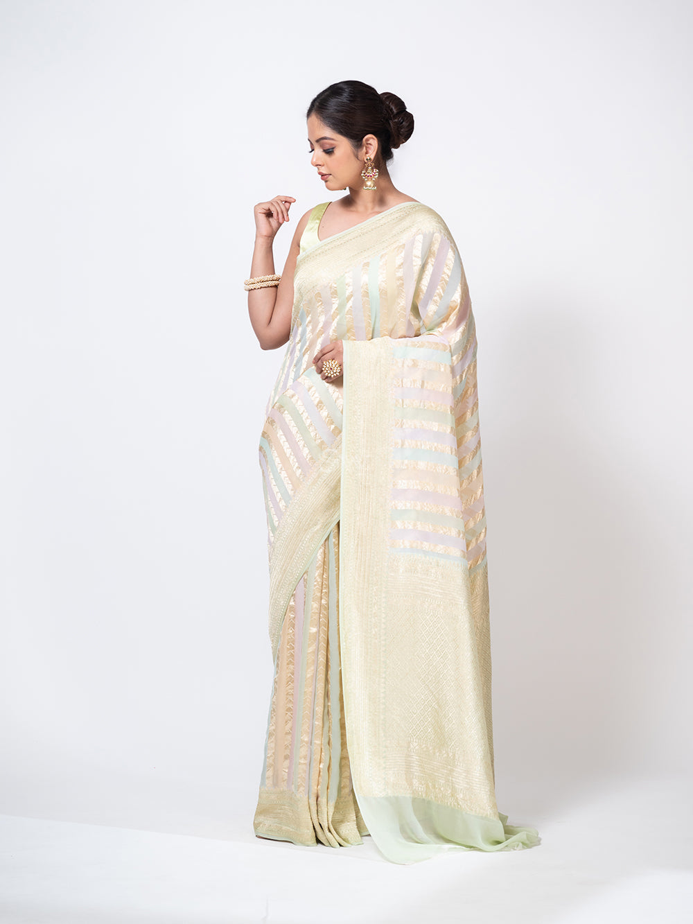 Pastel Moss Green Rangkat Khaddi Georgette Handloom Banarasi Saree - Sacred Weaves