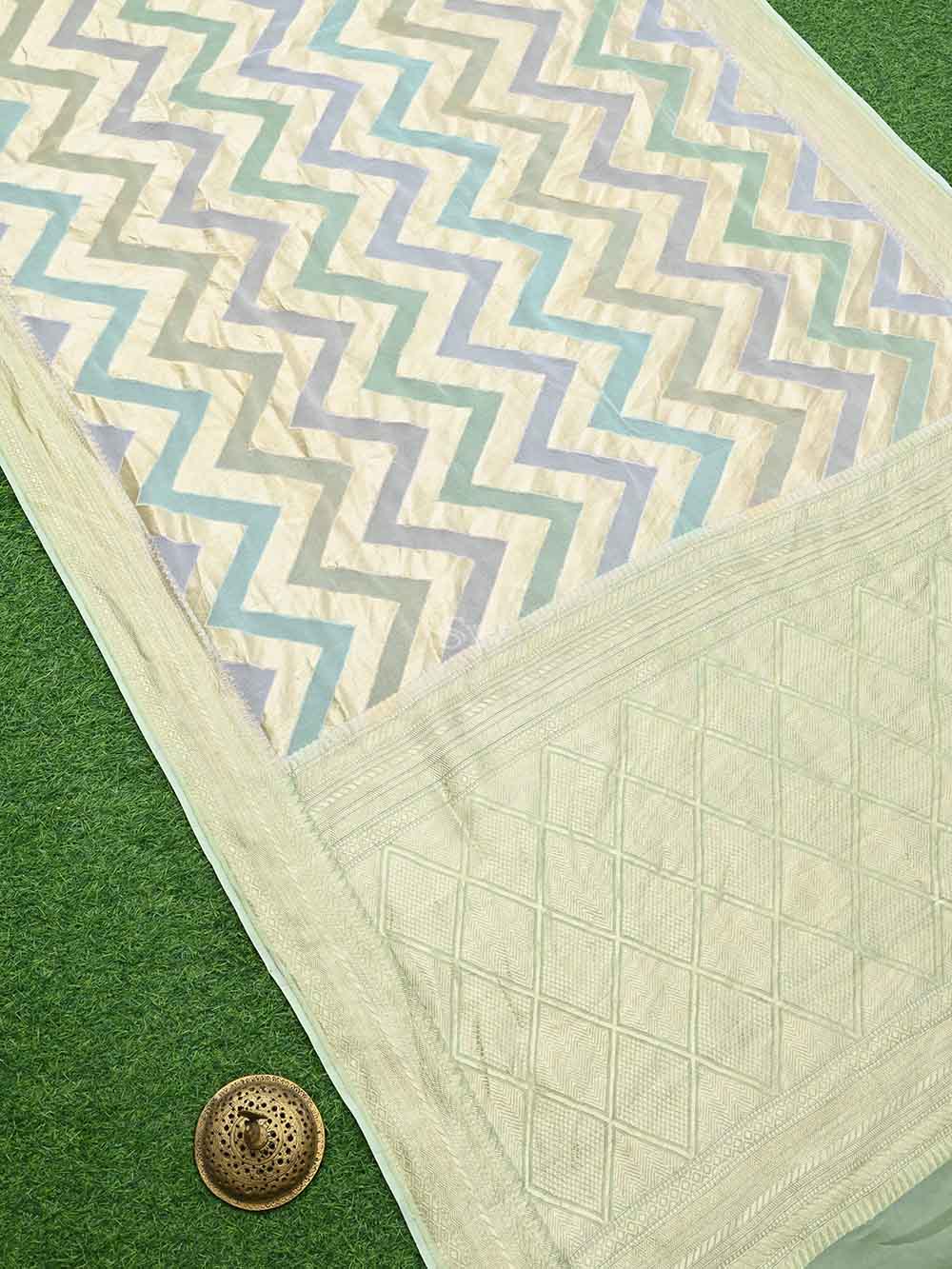 Pastel Moss Green Rangkat Khaddi Georgette Handloom Banarasi Saree - Sacred Weaves