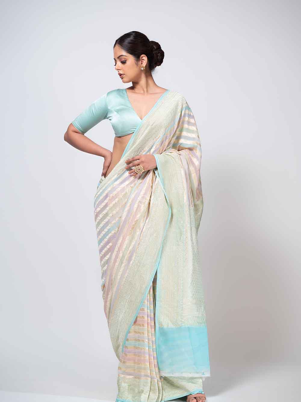 Mint Green Rangkat Khaddi Georgette Handloom Banarasi Saree - Sacred Weaves