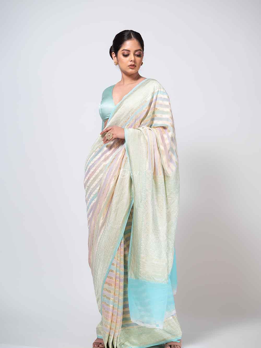 Mint Green Rangkat Khaddi Georgette Handloom Banarasi Saree - Sacred Weaves