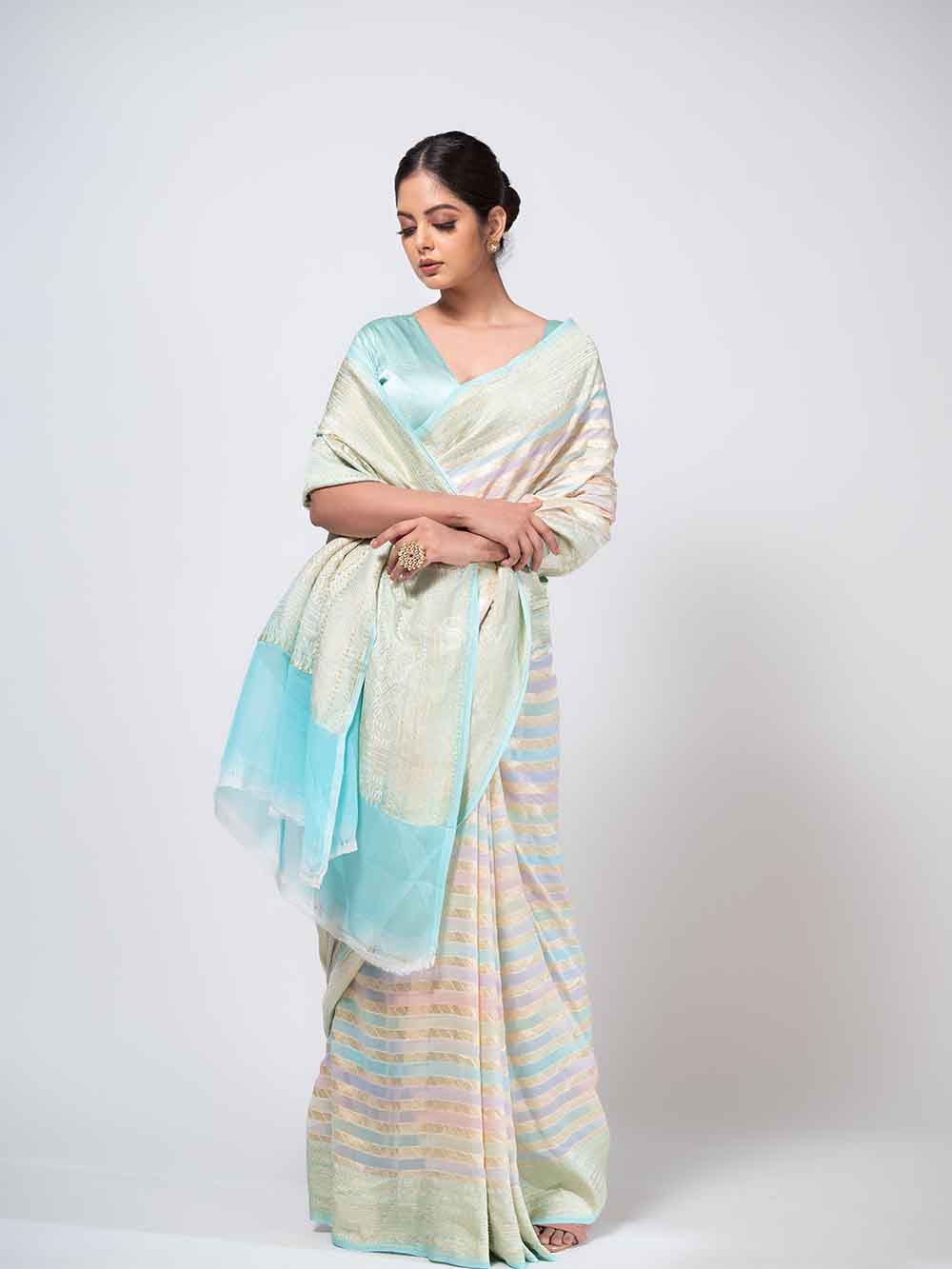 Mint Green Rangkat Khaddi Georgette Handloom Banarasi Saree - Sacred Weaves