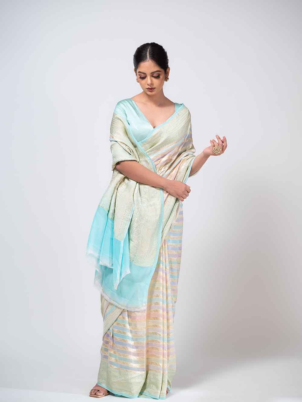 Mint Green Rangkat Khaddi Georgette Handloom Banarasi Saree - Sacred Weaves