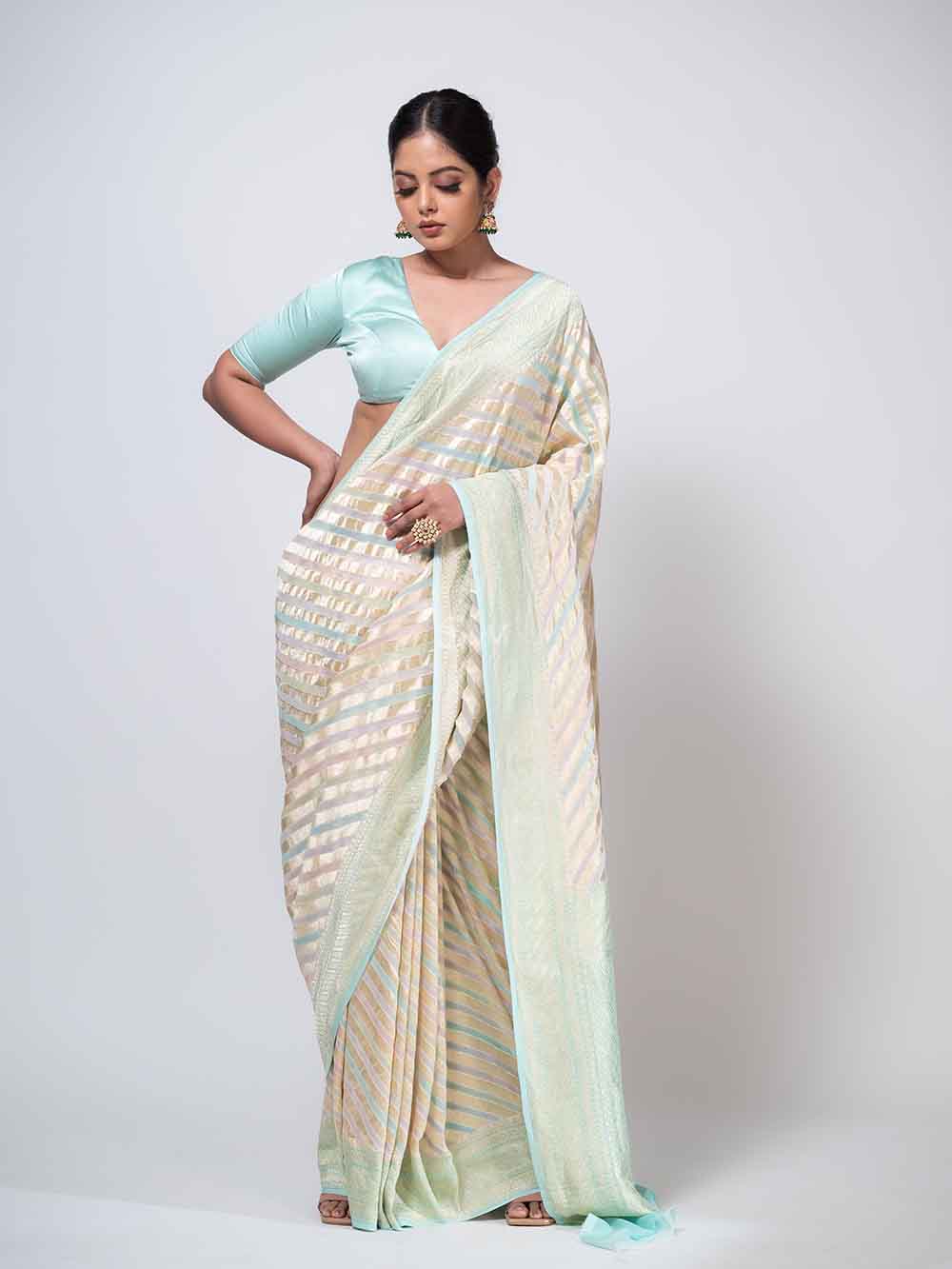 Mint Green Rangkat Khaddi Georgette Handloom Banarasi Saree - Sacred Weaves