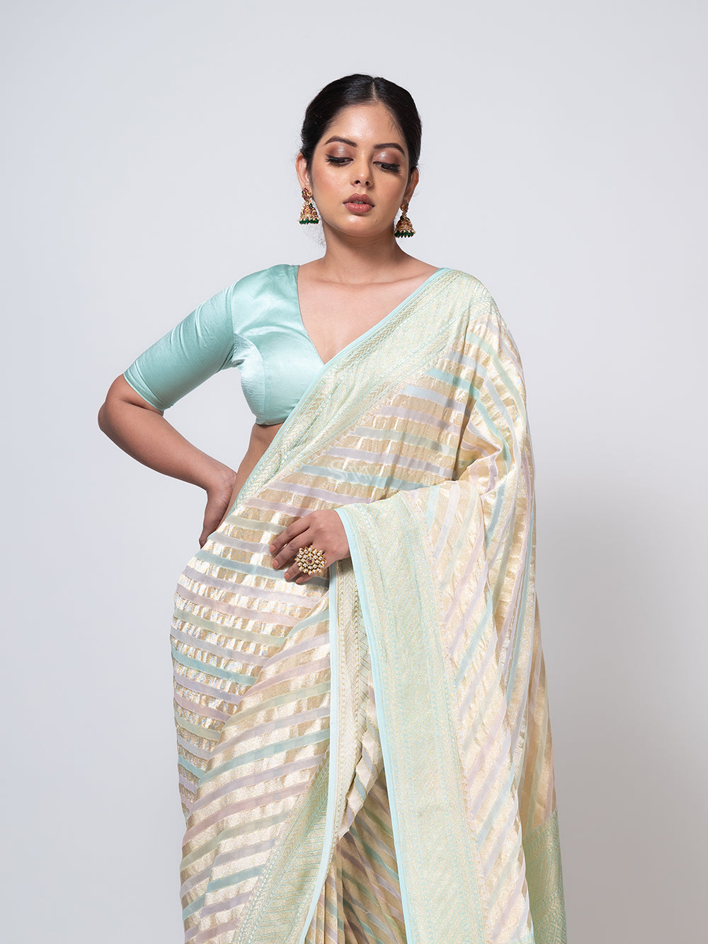 Mint Green Rangkat Khaddi Georgette Handloom Banarasi Saree - Sacred Weaves