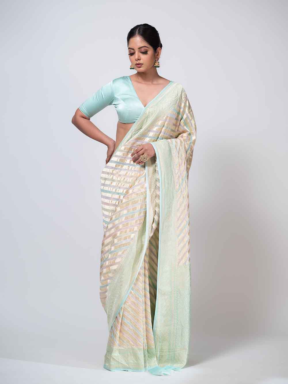 Mint Green Rangkat Khaddi Georgette Handloom Banarasi Saree - Sacred Weaves