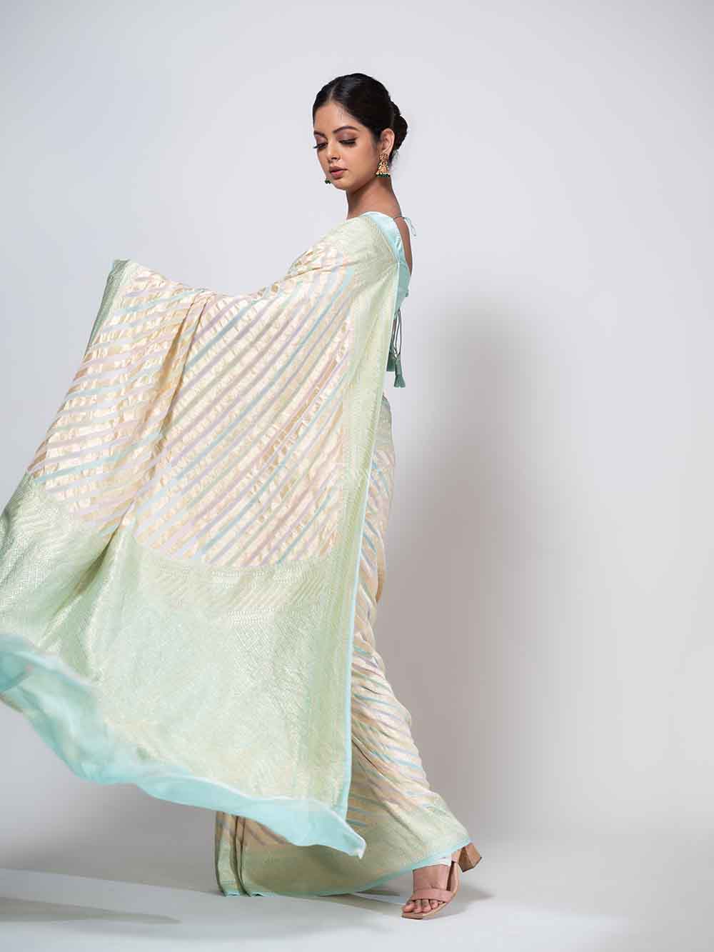 Mint Green Rangkat Khaddi Georgette Handloom Banarasi Saree - Sacred Weaves