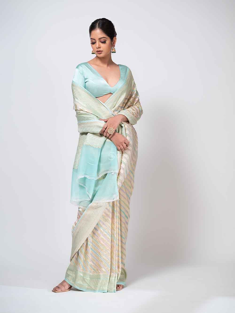 Mint Green Rangkat Khaddi Georgette Handloom Banarasi Saree - Sacred Weaves