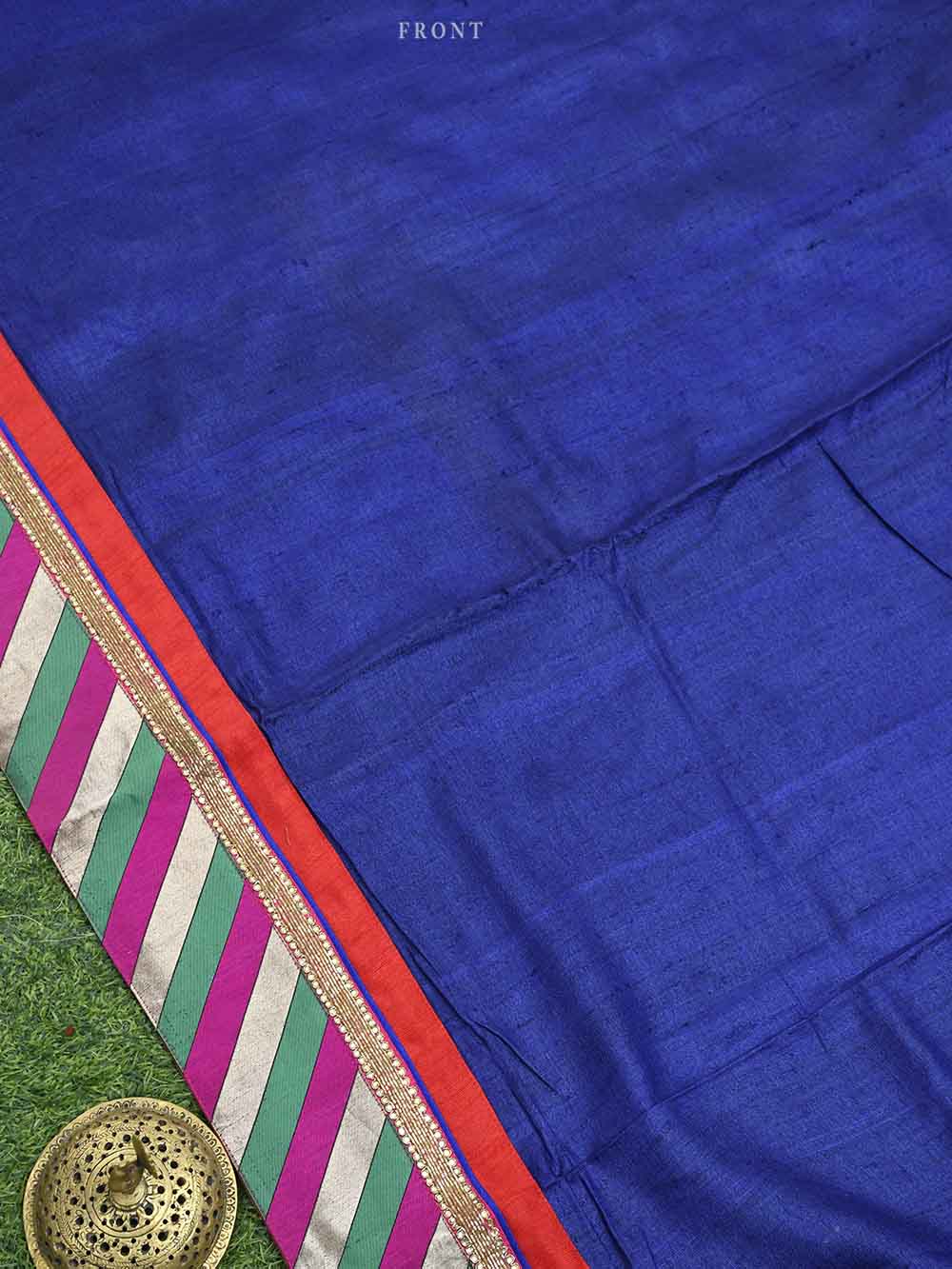 Navy Blue Tussar Silk Handloom Banarasi Suit - Sacred Weaves