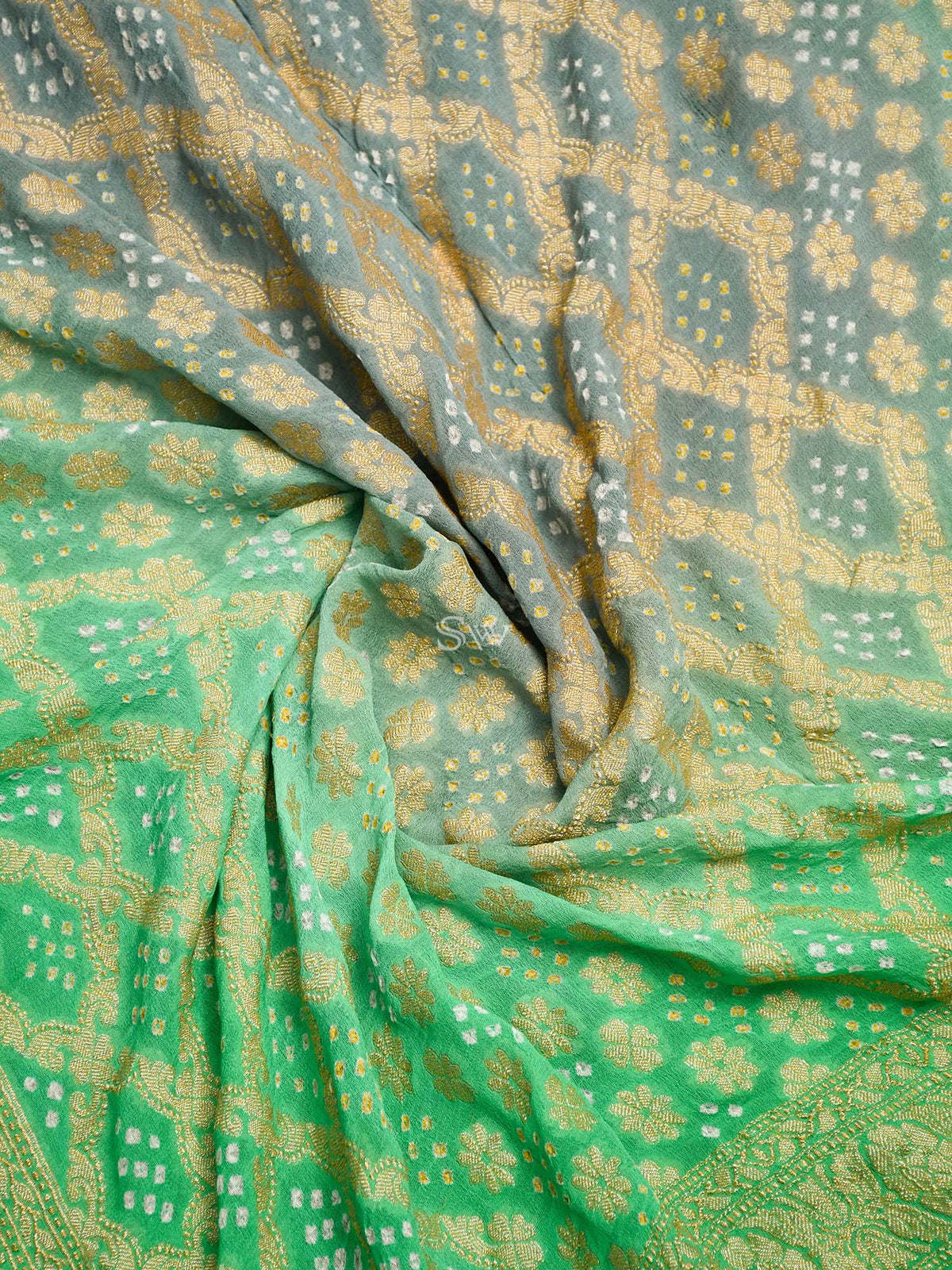 Green-Grey Bandhani Khaddi Georgette Handloom Banarasi Dupatta - Sacred Weaves