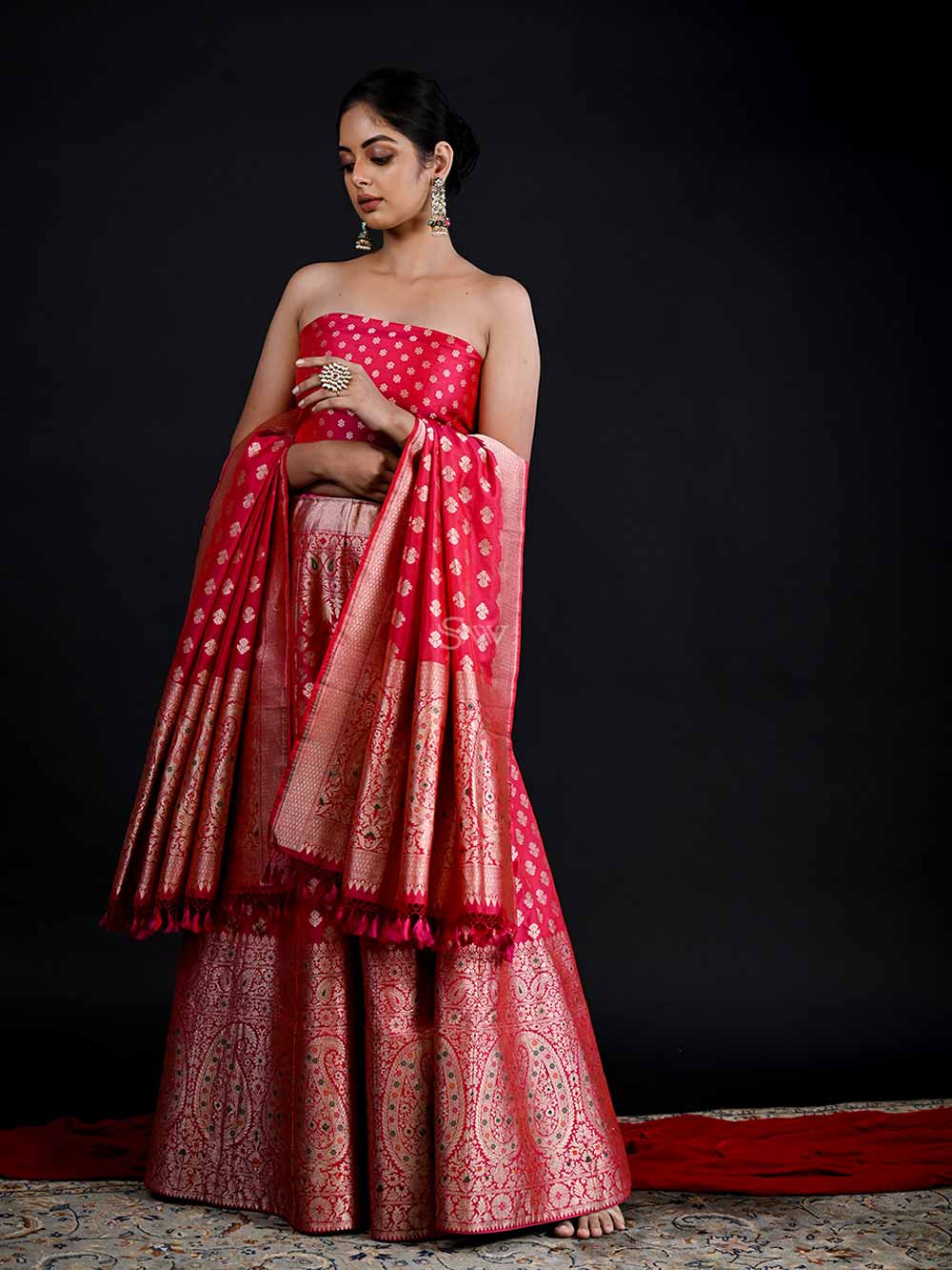 Pink Red Meenakari Handloom Banarasi Lehenga - Sacred Weaves