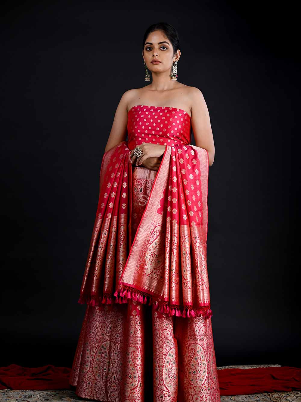 Pink Red Meenakari Handloom Banarasi Lehenga - Sacred Weaves