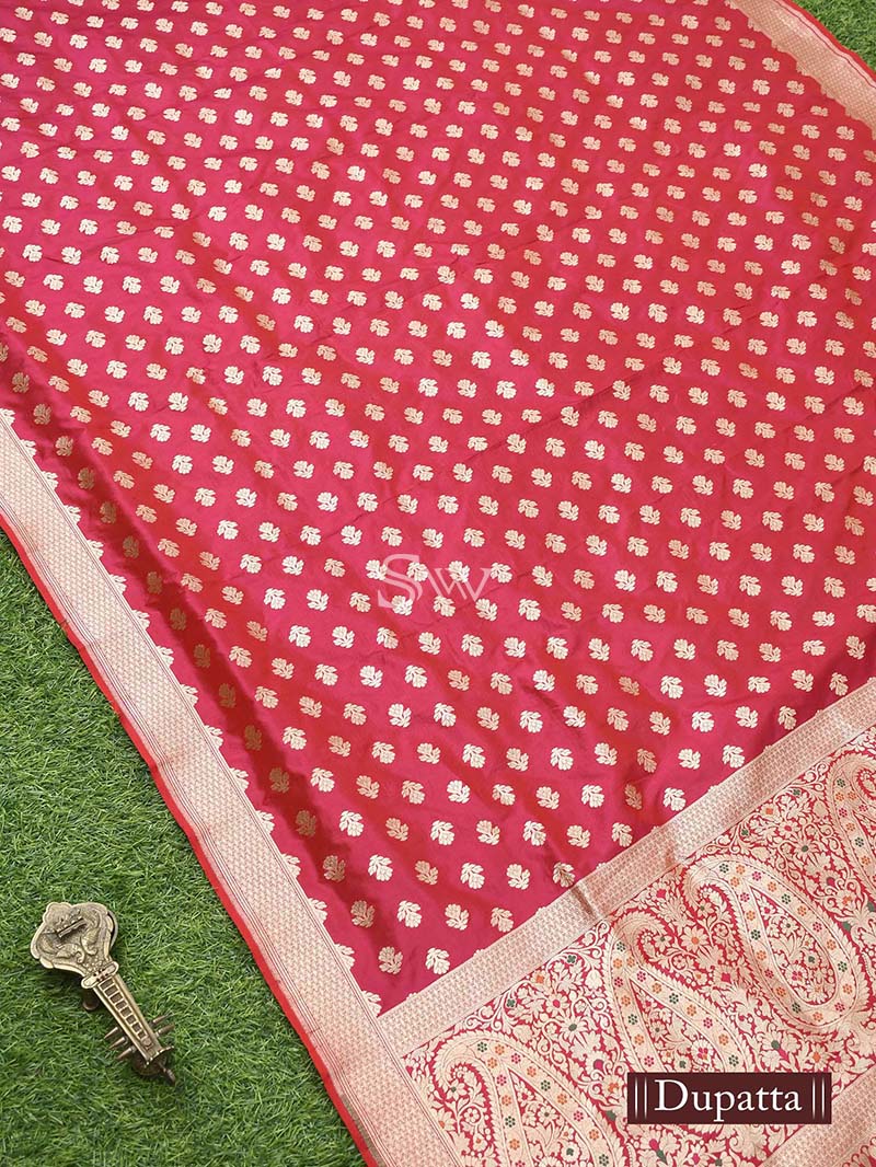 Pink Red Meenakari Handloom Banarasi Lehenga - Sacred Weaves