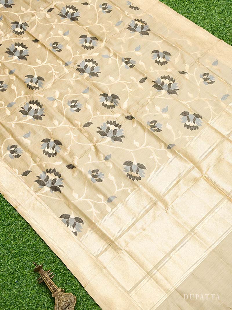 Beige Tusser Silk Handloom Banarasi Suit -Sacred Weaves