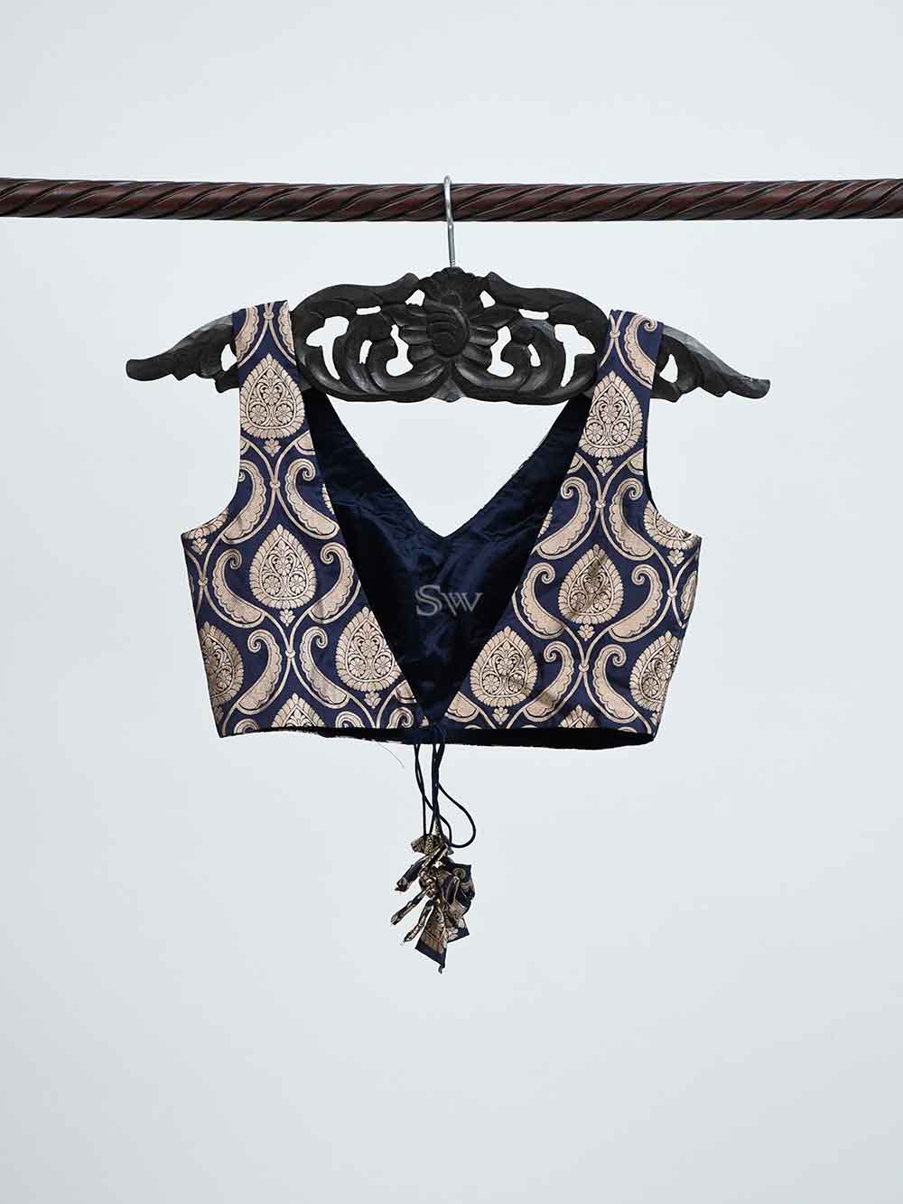 Navy Blue Uppada Silk Banarasi Ready-made Blouse - Sacred Weaves
