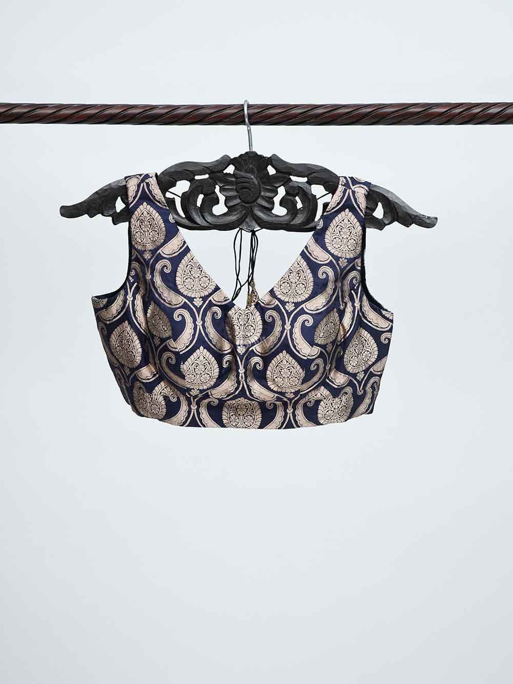 Navy Blue Uppada Silk Banarasi Ready-made Blouse - Sacred Weaves