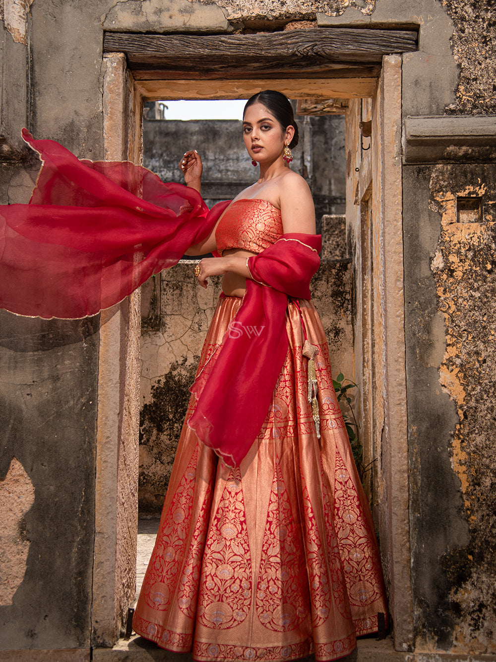 Bright Pink Handloom Banarasi Lehenga - Sacred Weaves