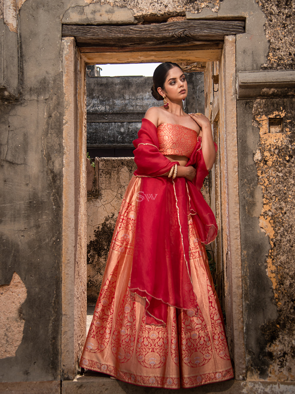 Bright Pink Handloom Banarasi Lehenga - Sacred Weaves