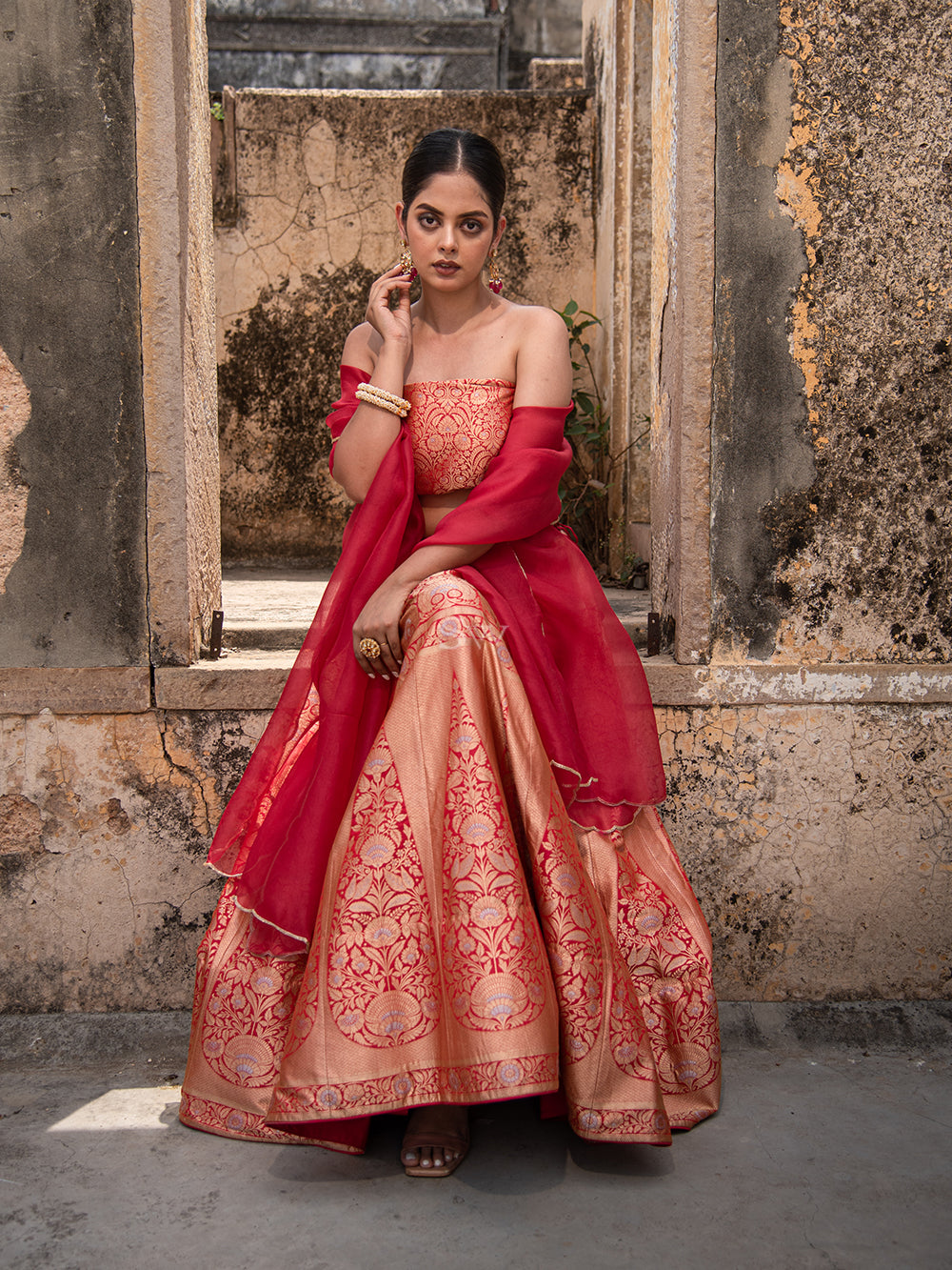 Bright Pink Handloom Banarasi Lehenga - Sacred Weaves