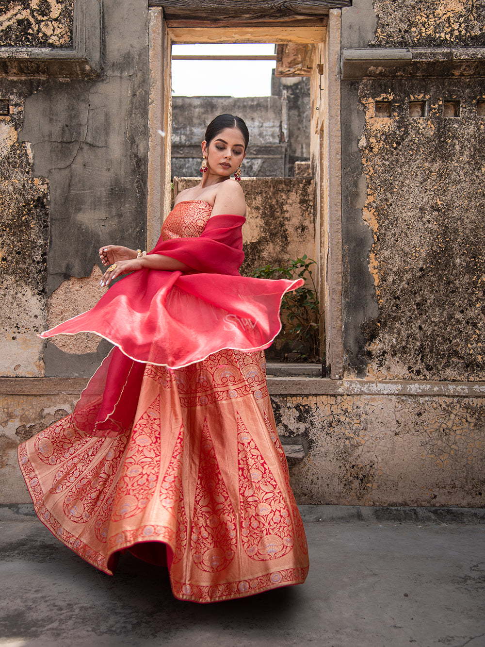 Bright Pink Handloom Banarasi Lehenga - Sacred Weaves