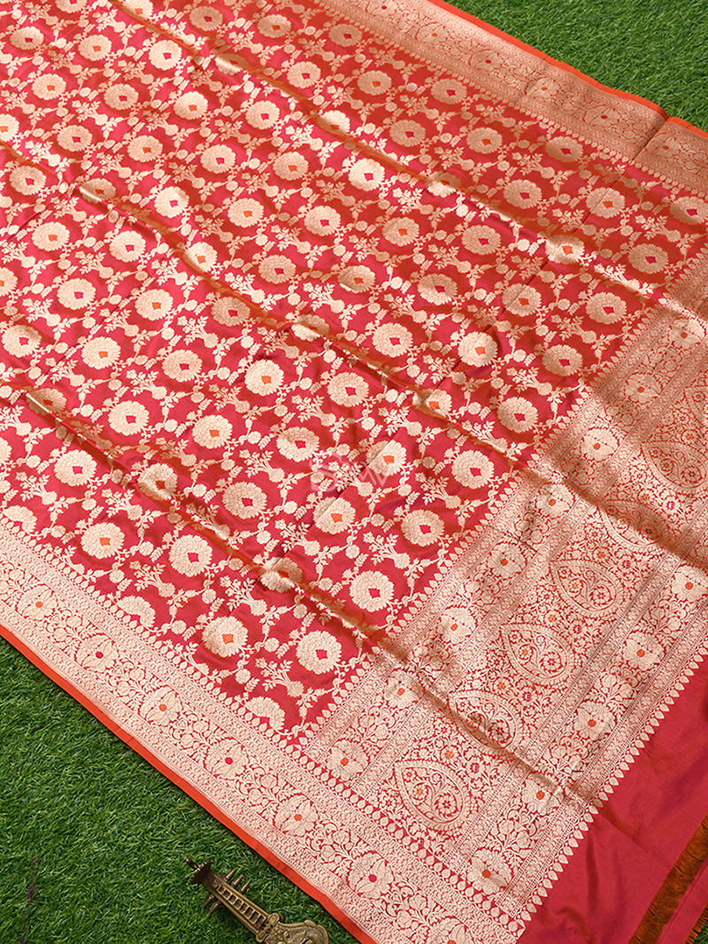 Pink-Orange Jaal Katan Silk Handloom Banarasi Dupatta - Sacred Weaves