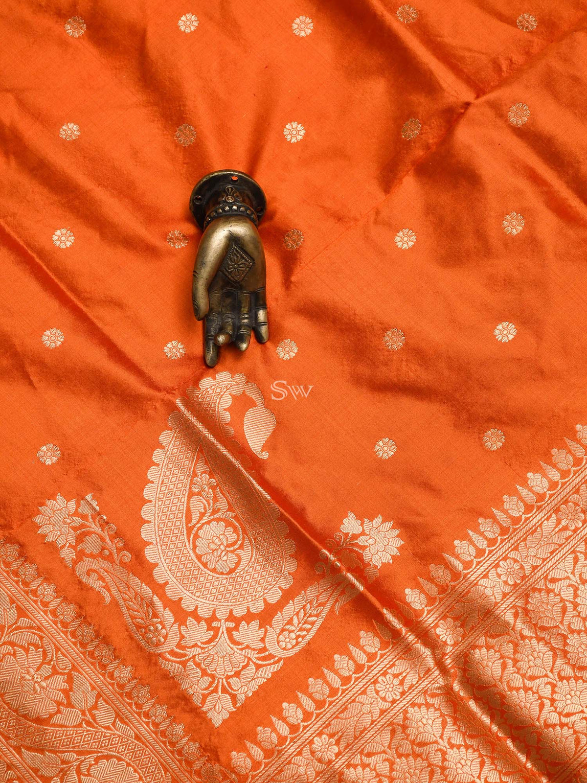 Orange Booti Katan Silk Handloom Banarasi Dupatta - Sacred Weaves