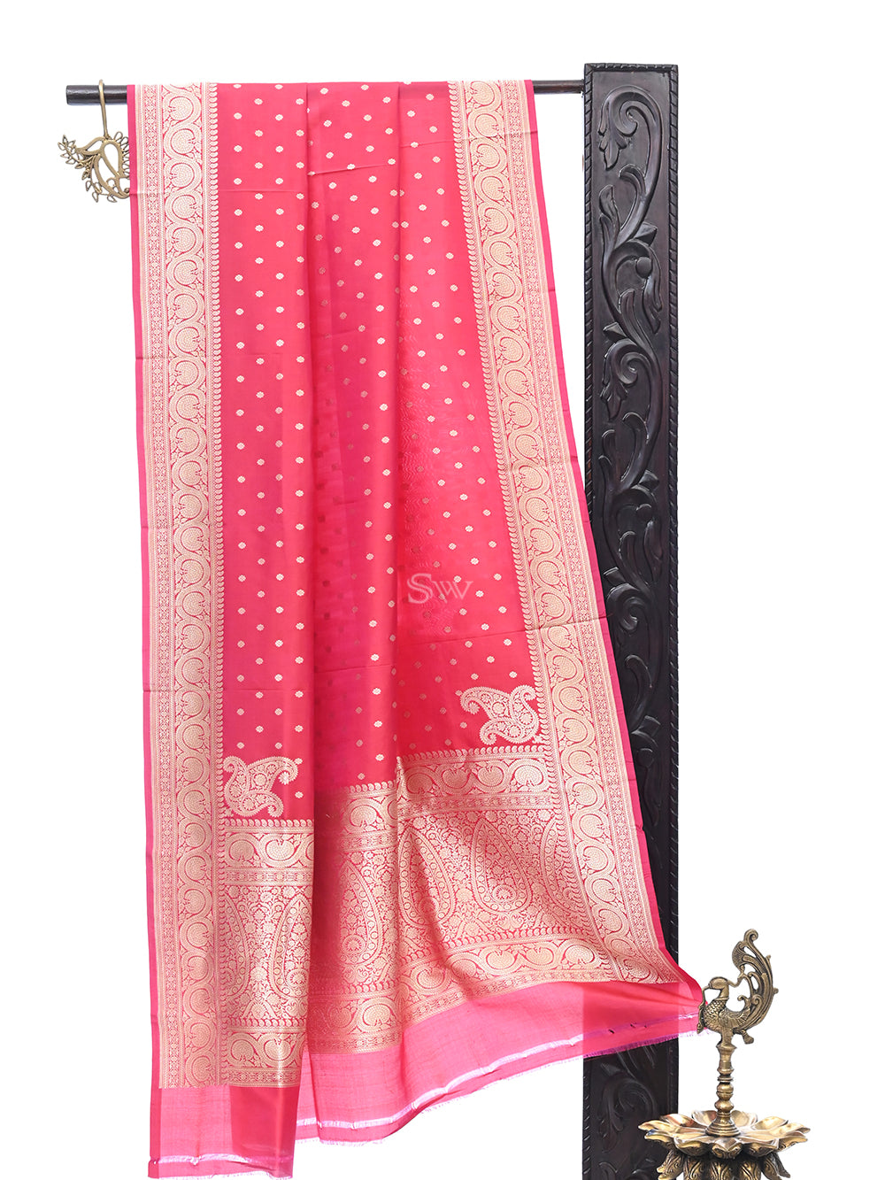 Red-Pink Booti Katan Silk Handloom Banarasi Dupatta - Sacred Weaves