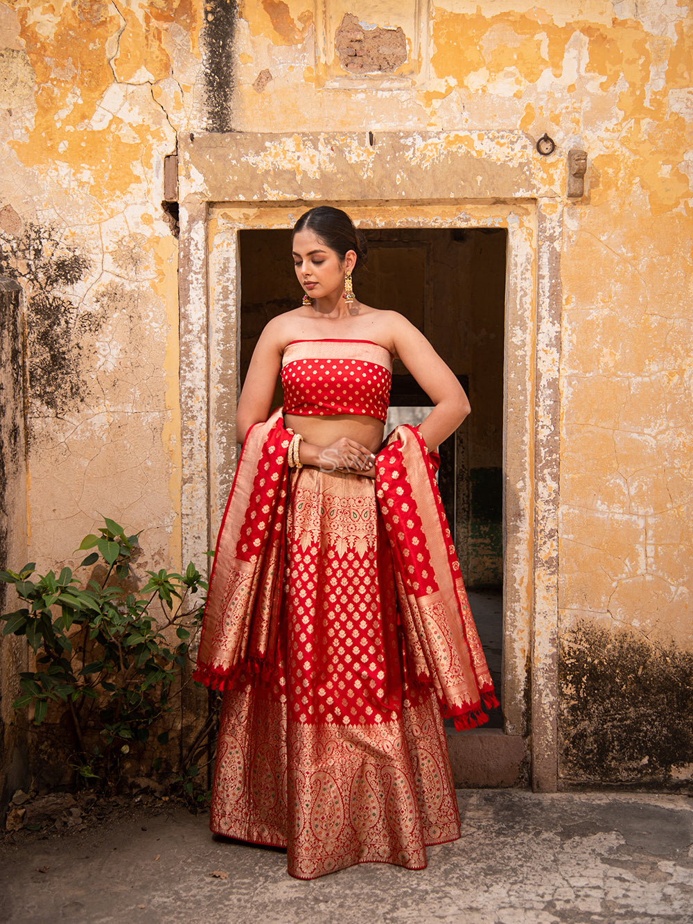 Red Meenakari Silk Handloom Banarasi Lehenga - Sacred Weaves