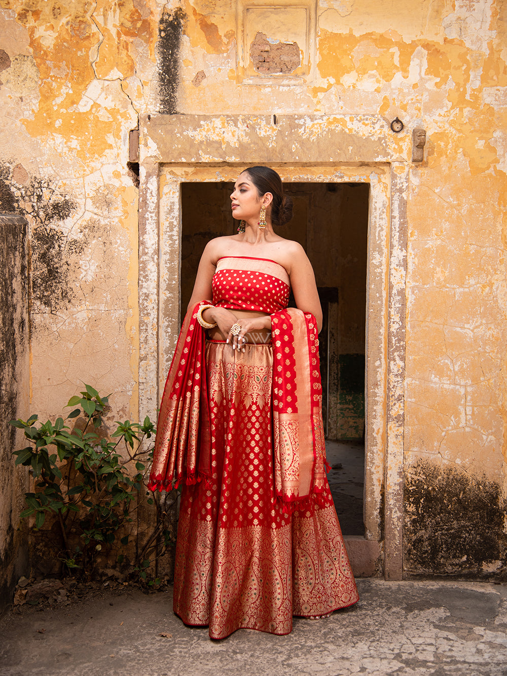 Red Meenakari Silk Handloom Banarasi Lehenga - Sacred Weaves