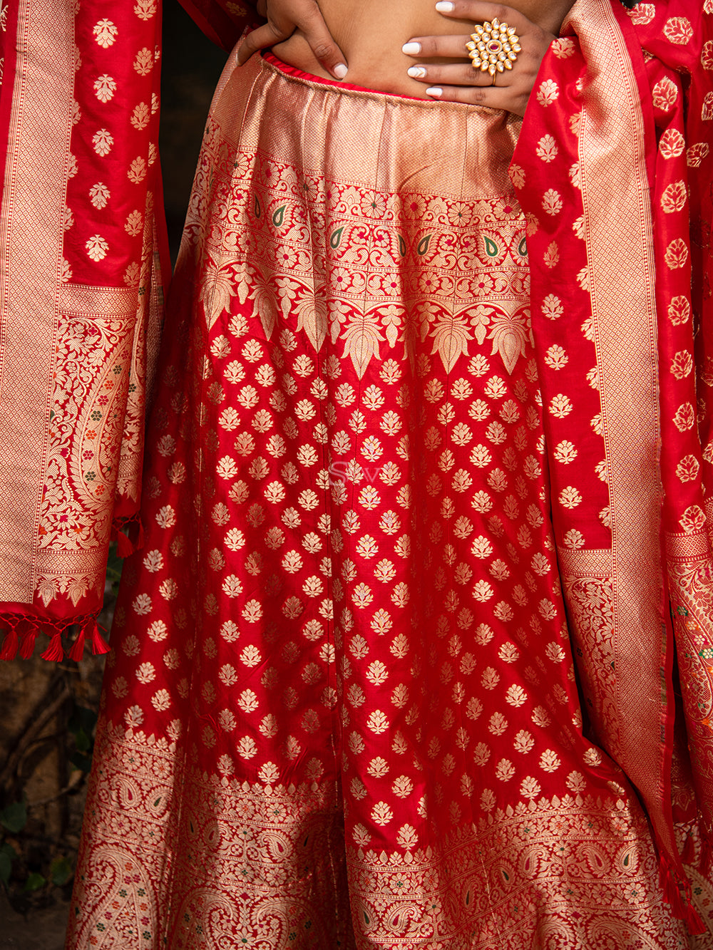 Red Meenakari Silk Handloom Banarasi Lehenga - Sacred Weaves