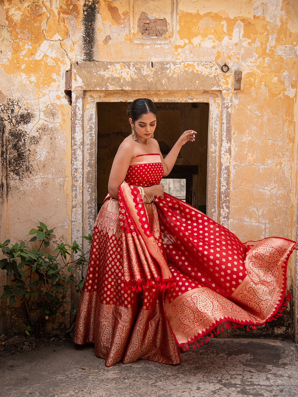 Red Meenakari Silk Handloom Banarasi Lehenga - Sacred Weaves