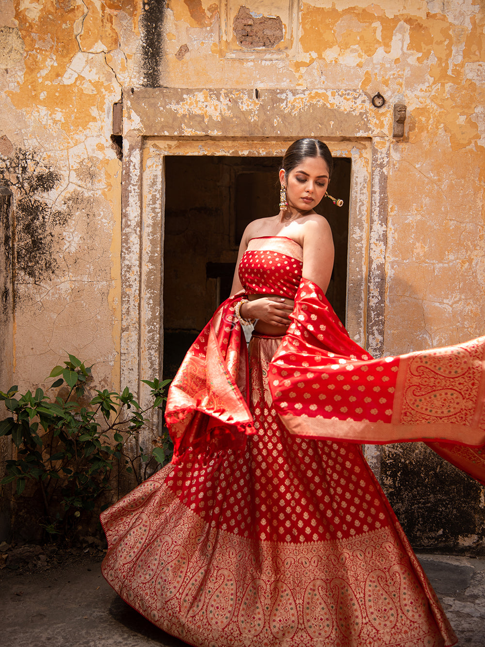 Red Meenakari Silk Handloom Banarasi Lehenga - Sacred Weaves