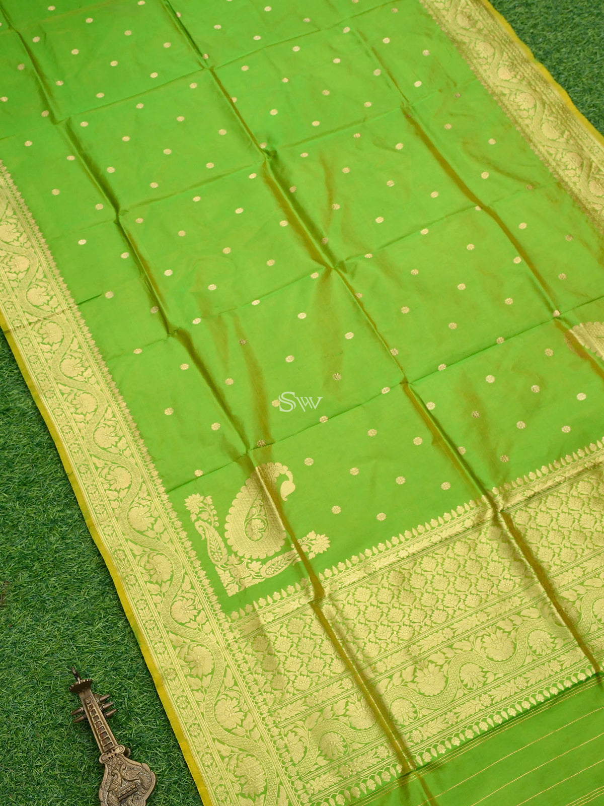 Lime Green Yellow Booti Katan Silk Handloom Banarasi Dupatta - Sacred Weaves