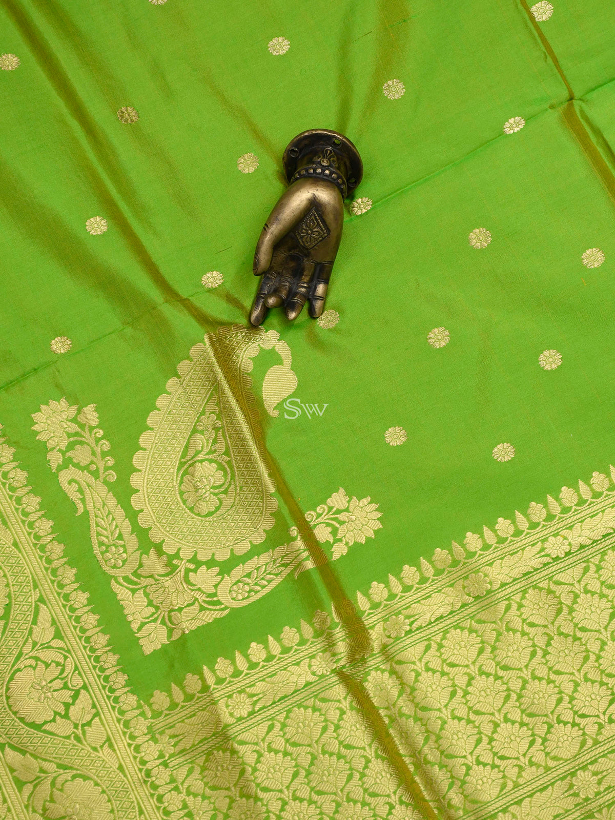 Lime Green Yellow Booti Katan Silk Handloom Banarasi Dupatta - Sacred Weaves