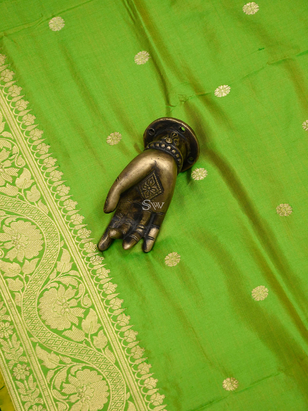 Green Yellow Booti Katan Silk Handloom Banarasi Dupatta - Sacred Weaves