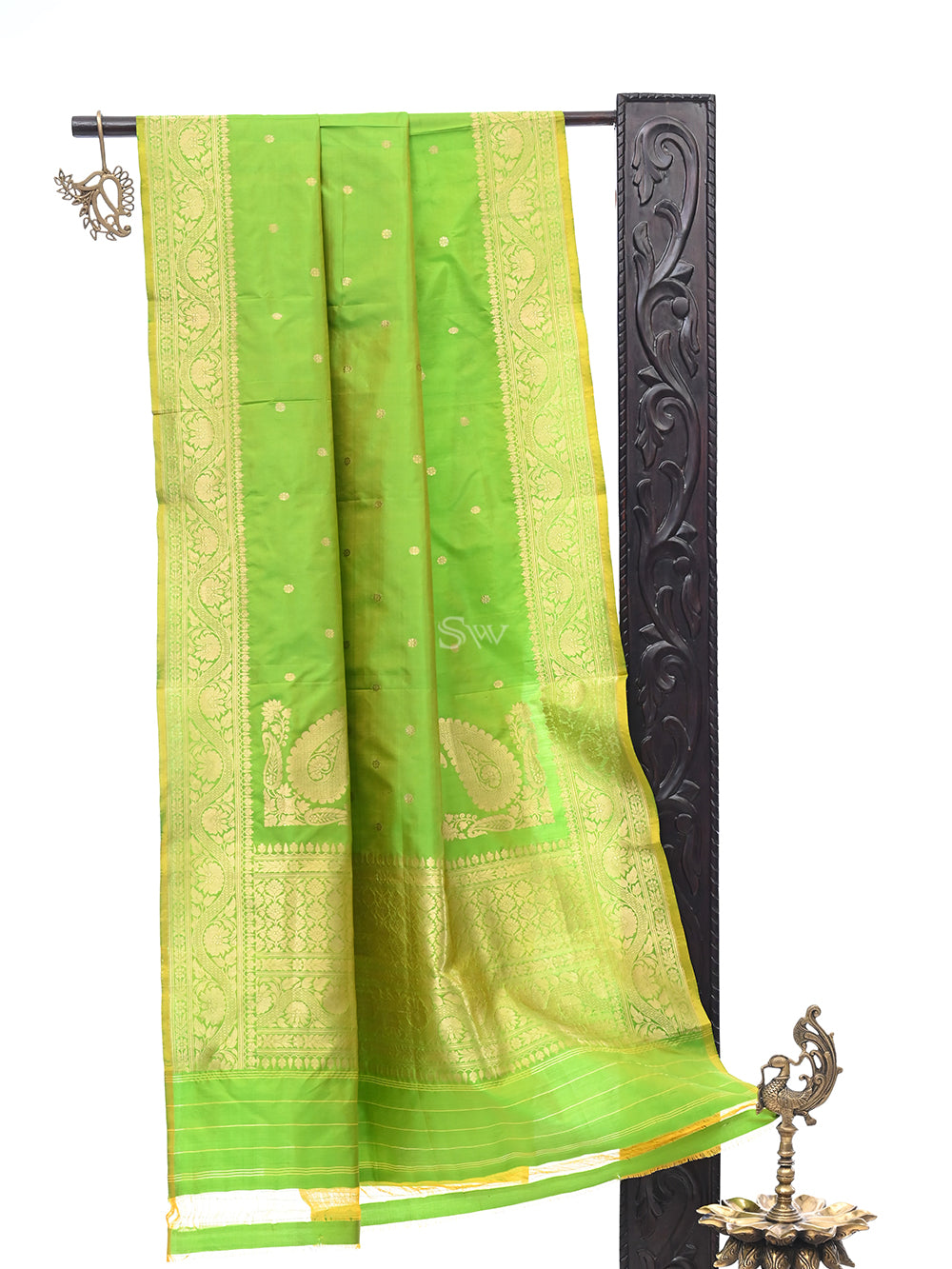 Lime Green Yellow Booti Katan Silk Handloom Banarasi Dupatta - Sacred Weaves