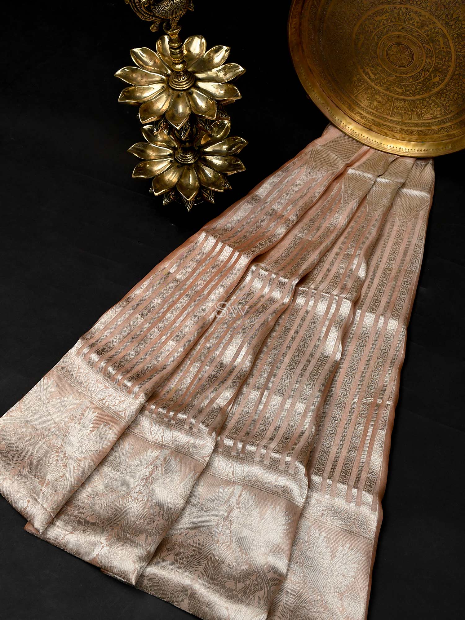 Pastel Peach Tissue Handloom Banarasi Lehenga - Sacred Weaves