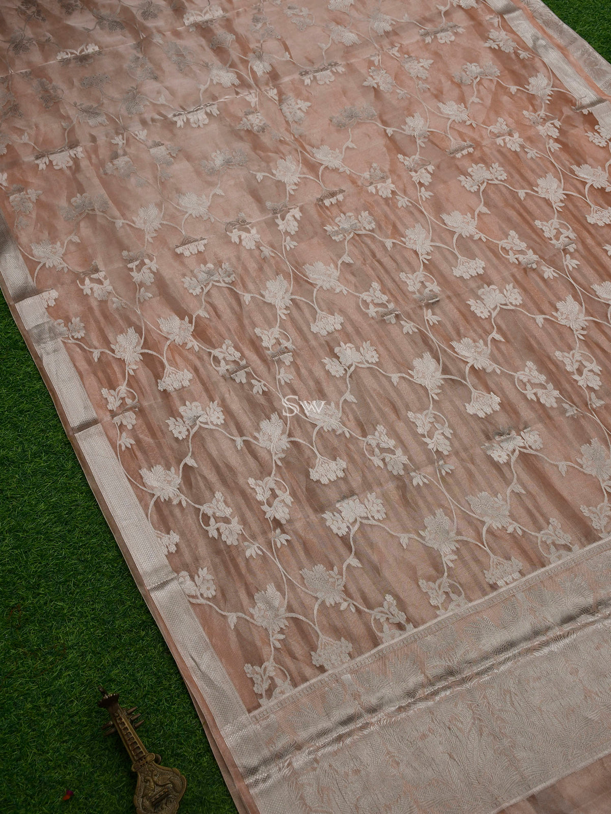 Pastel Peach Tissue Handloom Banarasi Lehenga - Sacred Weaves