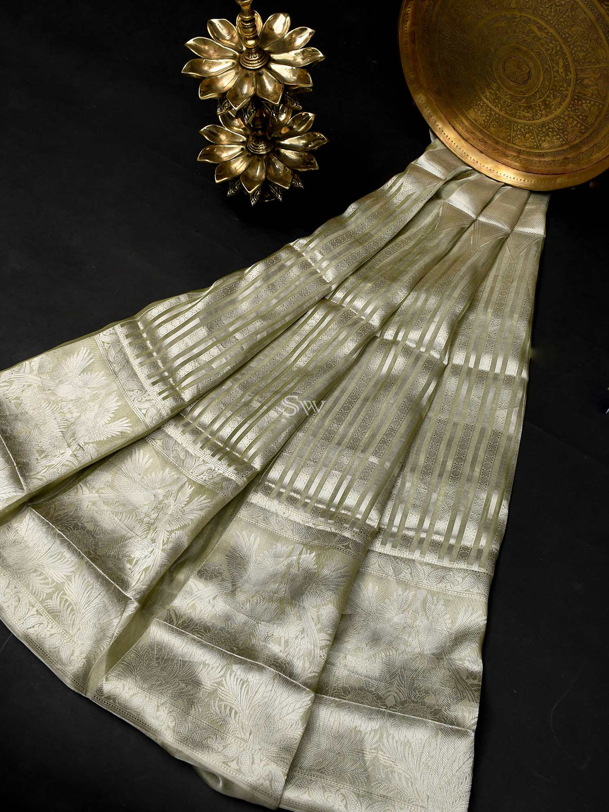 Pastel Moss Green Tissue Handloom Banarasi Lehenga - Sacred Weaves