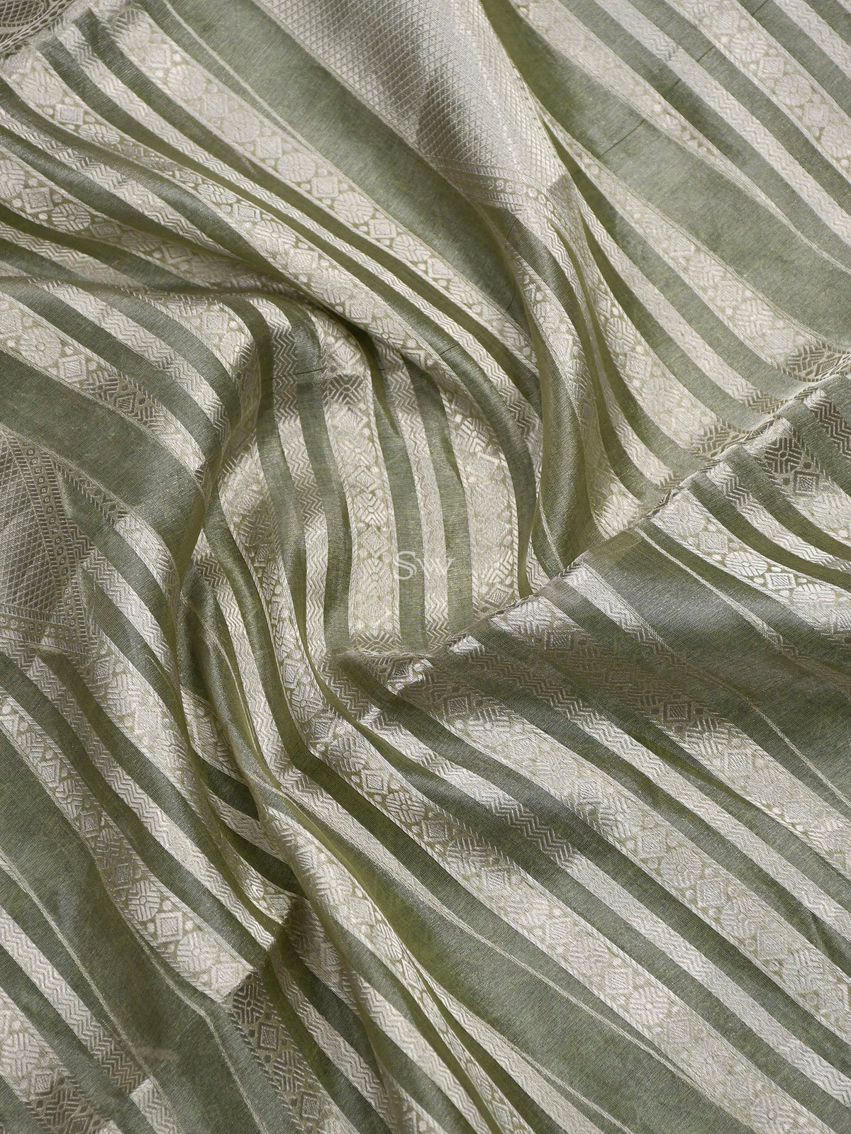 Pastel Moss Green Tissue Handloom Banarasi Lehenga - Sacred Weaves