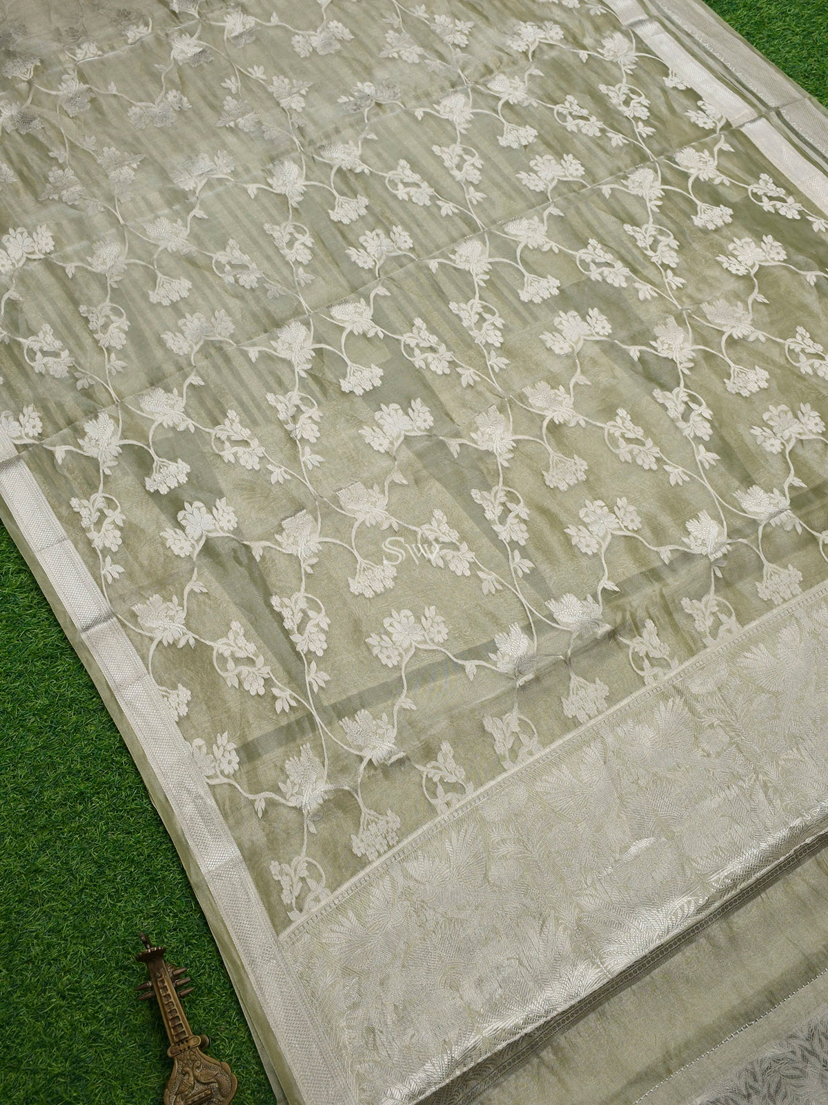 Pastel Moss Green Tissue Handloom Banarasi Lehenga - Sacred Weaves