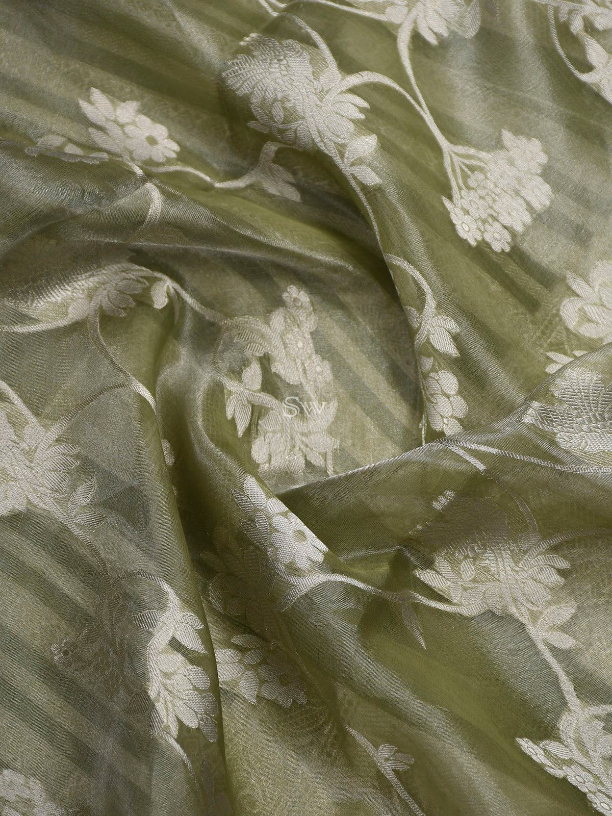 Pastel Moss Green Tissue Handloom Banarasi Lehenga - Sacred Weaves