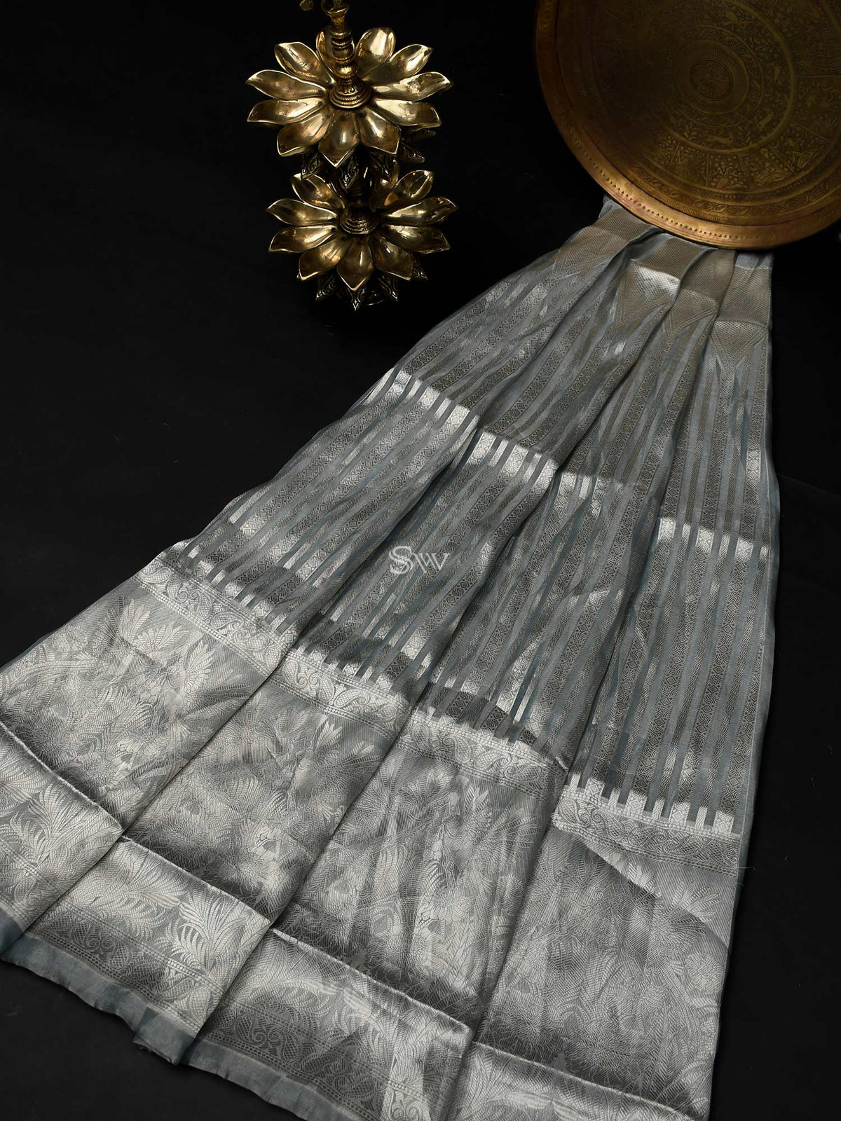 Pastel Light Blue Tissue Handloom Banarasi Lehenga - Sacred Weaves
