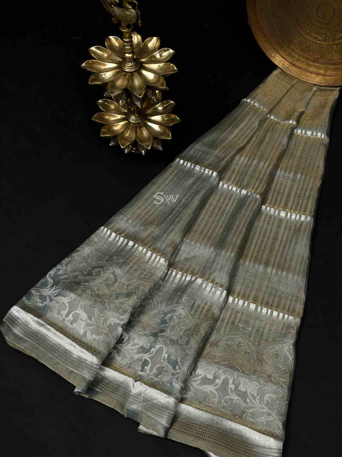 Pastel Light Blue Tissue Handloom Banarasi Lehenga - Sacred Weaves