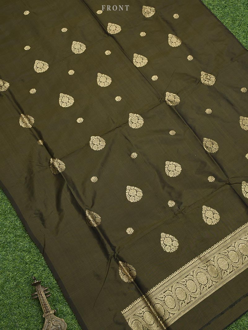 Dark Moss Green Katan Silk Handloom Banarasi Suit - Sacred Weaves