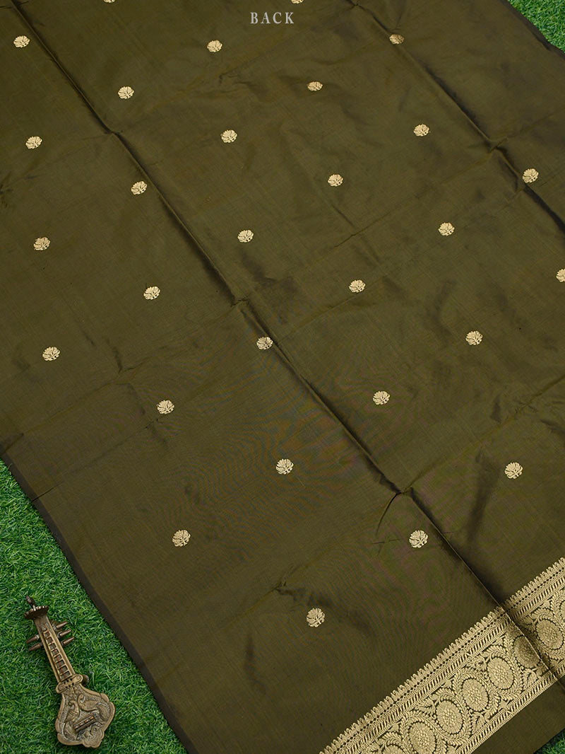 Dark Moss Green Katan Silk Handloom Banarasi Suit - Sacred Weaves