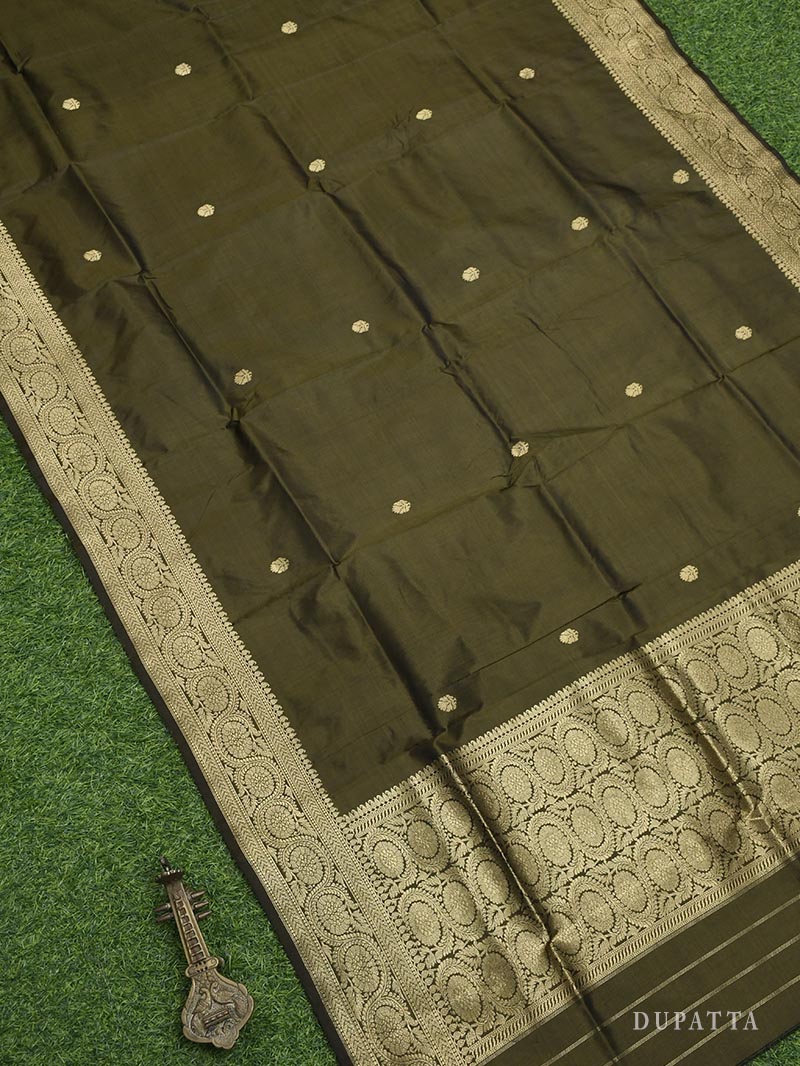 Dark Moss Green Katan Silk Handloom Banarasi Suit - Sacred Weaves
